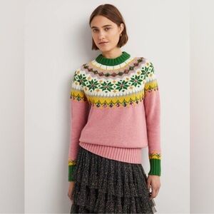 Boden Women’s Embellished Fair Isle Sweater Green Pink Jeweled US 14 UK 18